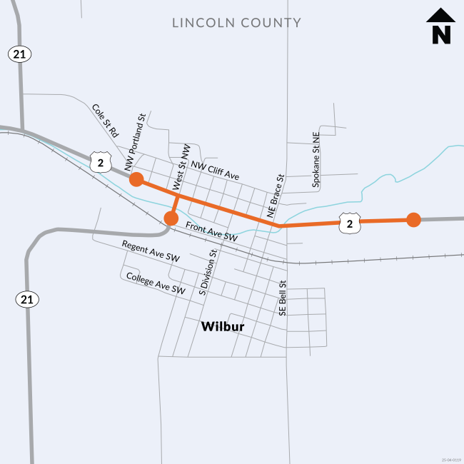 Project limits for the paving and complete streets project in the town of Wilbur located on SR 21 and US 2.