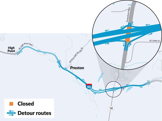 Map shows closure of SR 18 at I-90 Interchange in orange and detour routes in blue with arrows.