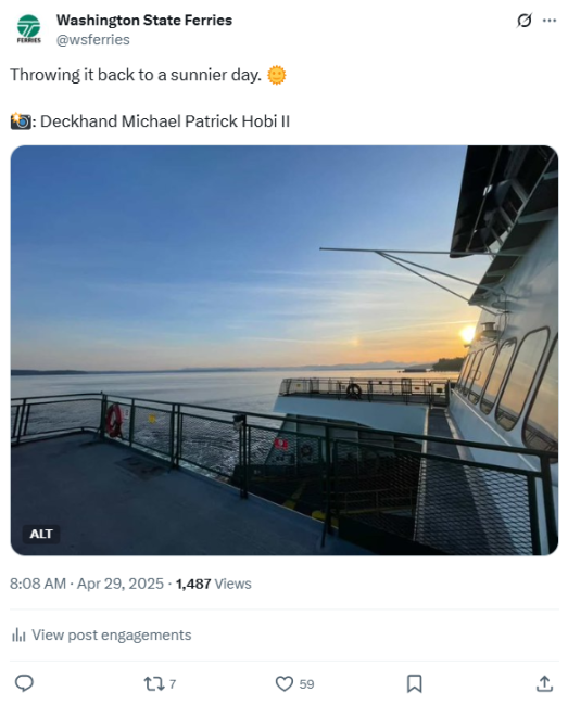 April 29 Washington State Ferries post on X of view from ferry deck at sunrise with text: "Throwing it back to a sunnier day."