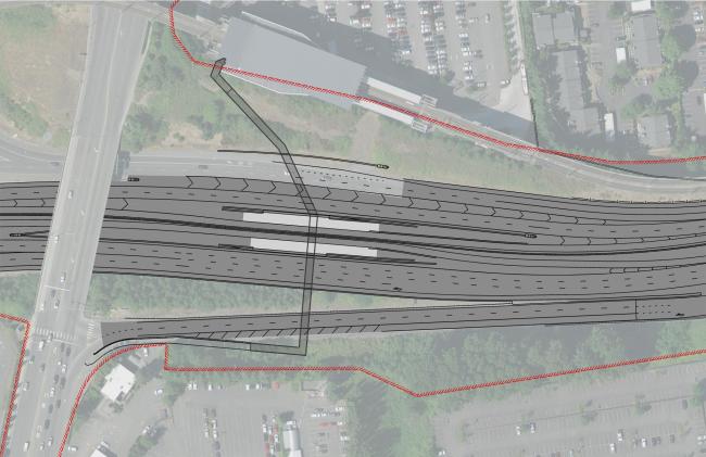 Aerial view of the existing Sound Transit Tukwila International Blvd Link Rail Station, a new pedestrian bridge over 518, a new Stride BRT Station in the median of SR 518.