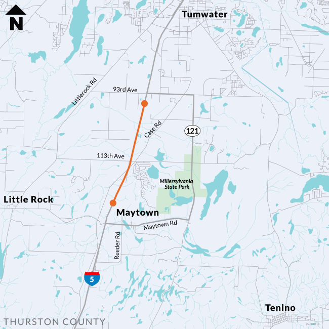 A map of I-5 shows a paving project between Maytown and Tumwater.