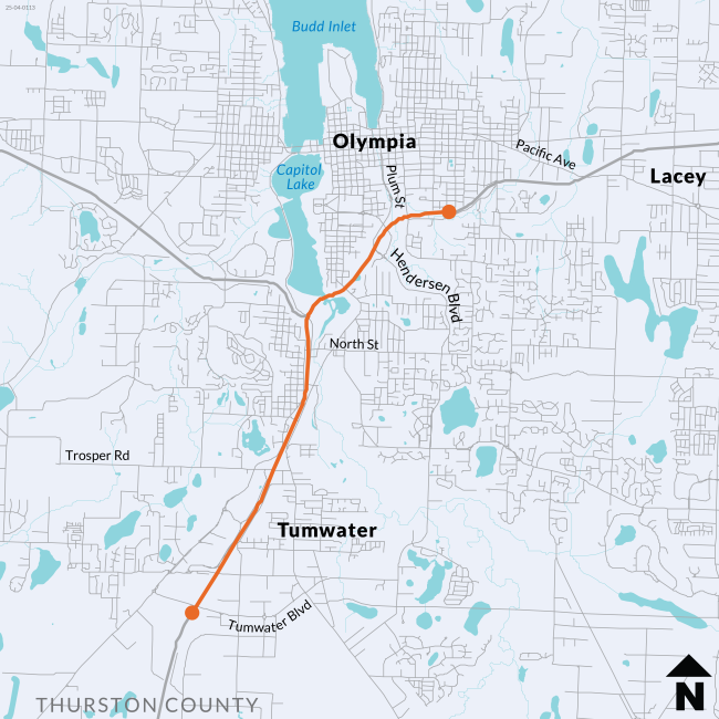 A map of I-5 shows a paving project between Tumwater and Olympia.