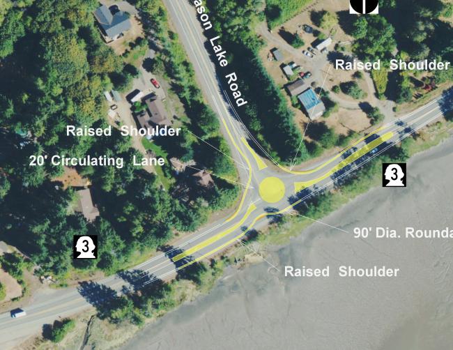 A conceptual drawing for a roundabout at the intersection of State Route 3 and Mason Lake Road. This intersection is located in Mason County north of Shelton.