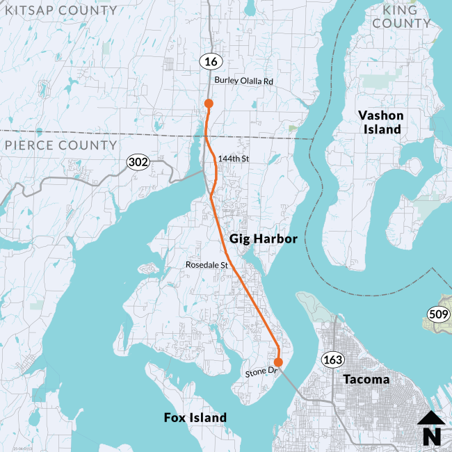 A map of SR 16 shows a paving project between near Gig Harbor.