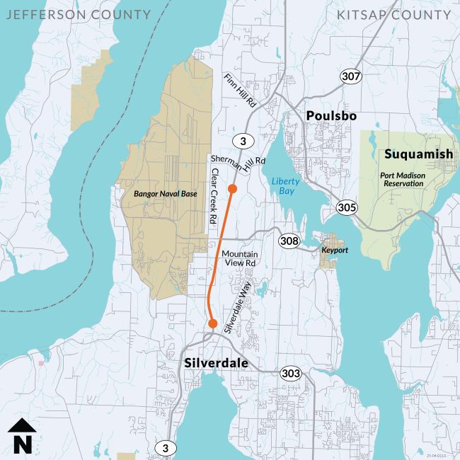 A map of SR 3 shows a paving project between Silverdale and Poulsbo.