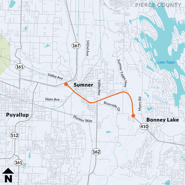 A map of SR 410 shows paving between Sumner and Bonney Lake.