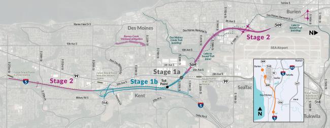 This map on a gray background shows all stages of the SR 509 Completion Project. Stage 1a shows a dark gray dot on SR 99 where a new bridge was built. Stage 1b is depicted in blue and extends from I-5's interchange with SR 516 north and then shows the new expressway veering northwest. Stage 2 is in magenta and stretches along I-5 from South 272nd Street to SR 516 and then shows where the new highway will be built south and west of Seattle-Tacoma International Airport.