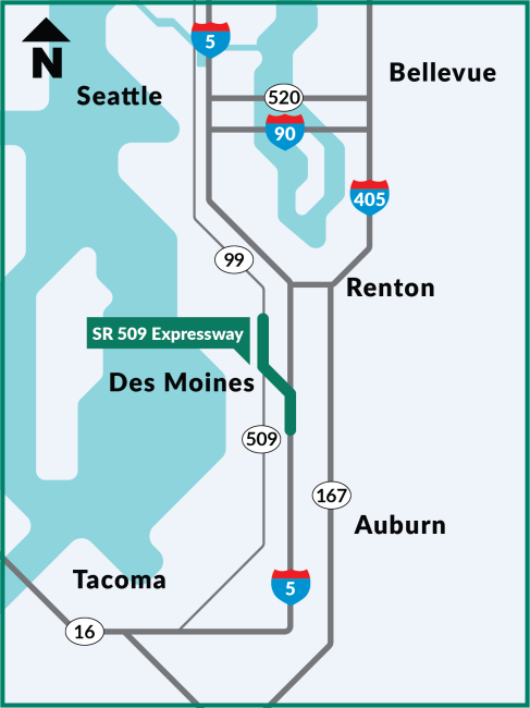 A map of the greater Puget Sound area showing the SR 509 expressway connects SR 509 to I-5 south of the airport