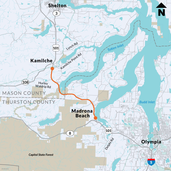 A map of US 101 shows a paving project near Kamilche.