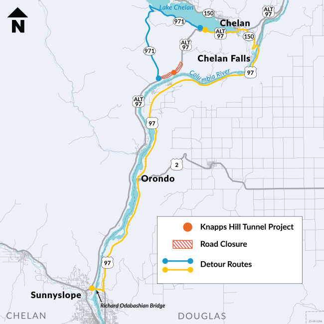 Map of the closure of US 971 before Knapps Hill Tunnel and of the two detour routes.