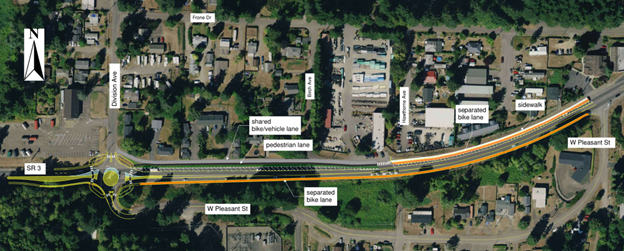 A satellite map of State Route 3 in Gorst. The map shows where a roundabout is planned at Division Avenue/West Pleasant Street. It also shows sidewalks near West Pleasant Street and a bike lane on the south side of State Route 3.