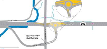 Map showing Northwest Bucklin Hill Road, Central Valley Road Northeast, and Northeast Waaga Way. Key features include areas of roadway to be removed, Hoot Creek and unnamed tributaries, fish passages, and a new roundabout at the intersection of Northeast Waaga Way and SR 303. New access to and from Central Valley Road Northeast will be provided via the roundabout.